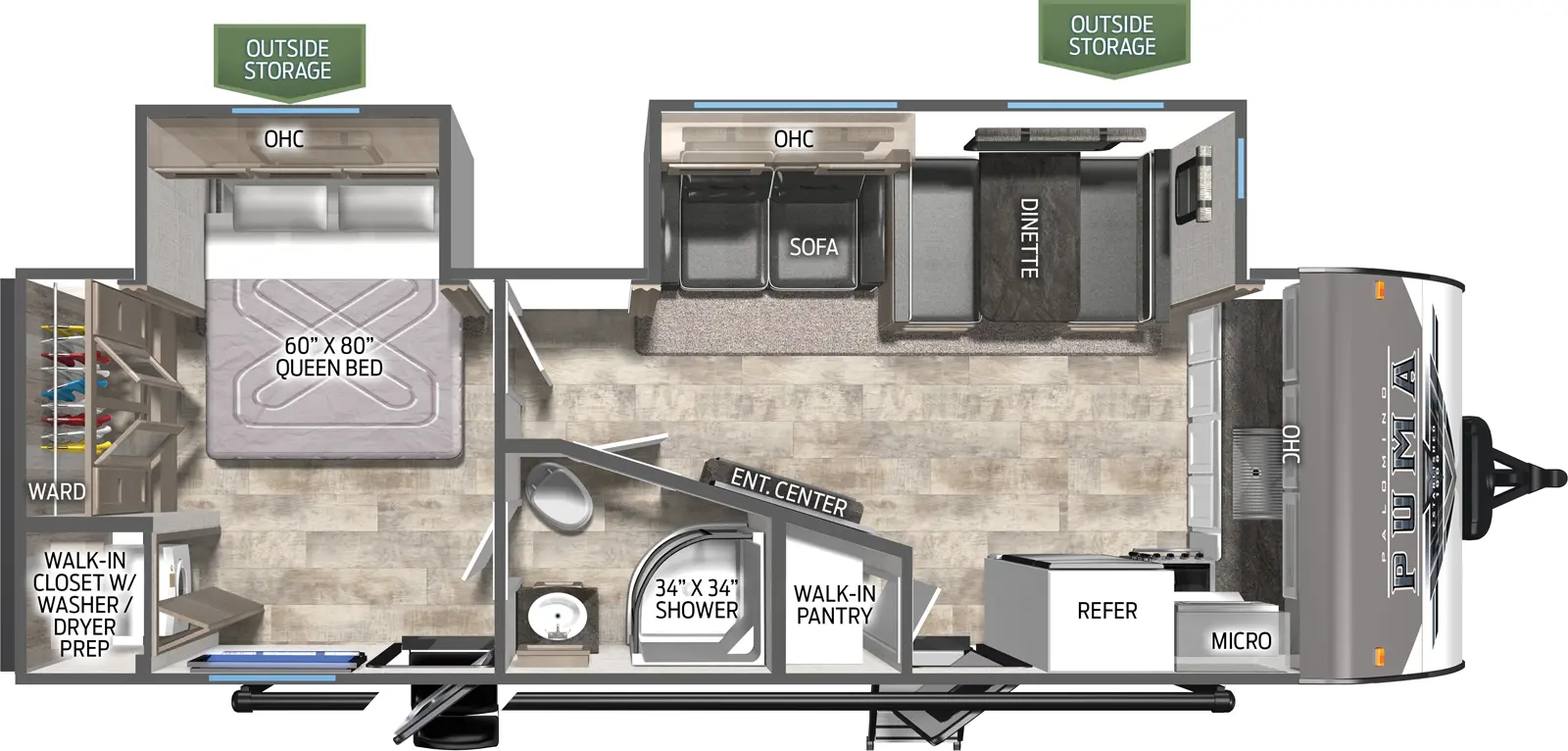 The 26FKDS has two slide outs and two entries. Exterior features outside storage. Interior layout front to back: front kitchen counter with sink and overhead cabinets wrap to door side with microwave, cooktop, refrigerator, entry door, and walk-in pantry; off-door side slideout with dinette, sofa and overhead cabinet; entertainment center along angled inner wall; door side full passthrough bathroom; rear bedroom with off-door side queen bed slideout with overhead cabinets, door side entry, and rear walk-in closet with washer/dryer prep, and wardrobe.